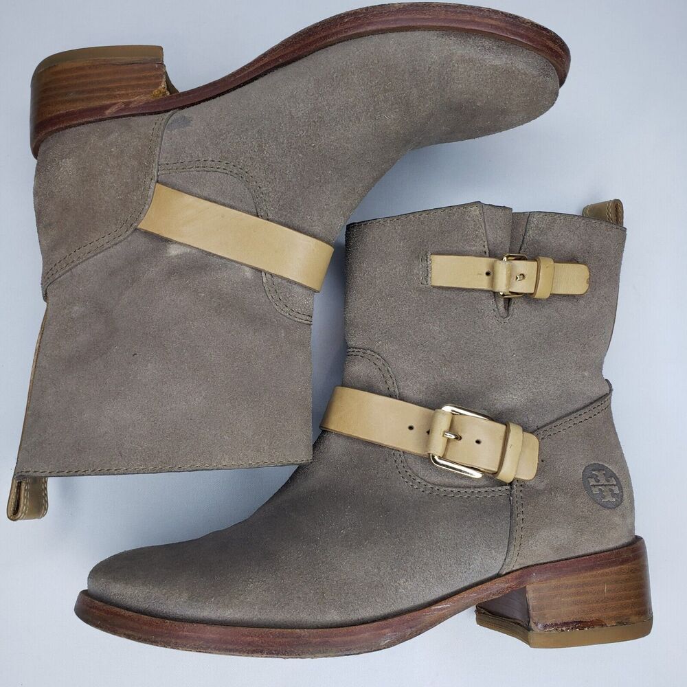 TORY BURCH Bennie Moto Engineer BootsTaupe Leather Double Buckle Ankle Size 7.5M - Picture 16 of 16